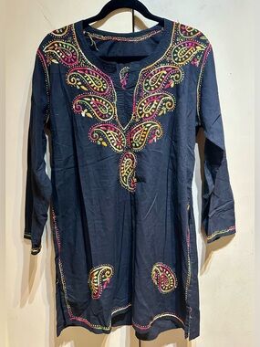 Vibrant Kashmiri Aari Embroidered Black Cotton Kurti Tunic Top Boho
